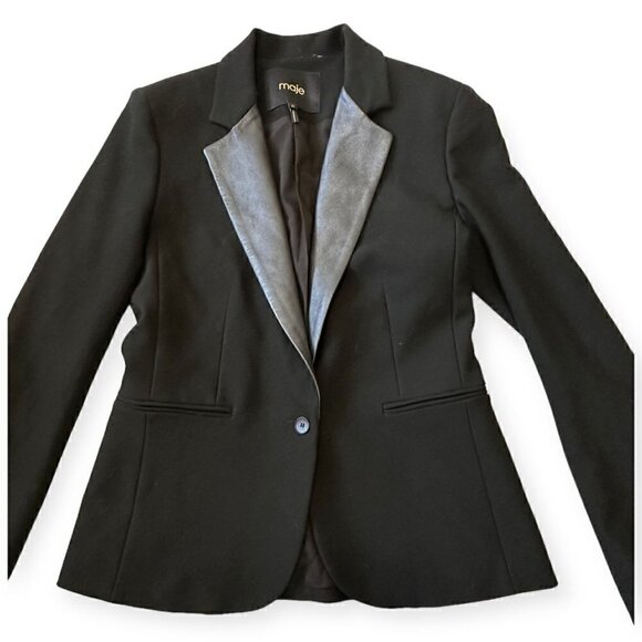 Maje Ritz Black Blazer with Lamb Leather Trim, Size 36FR - Picture 6 of 14